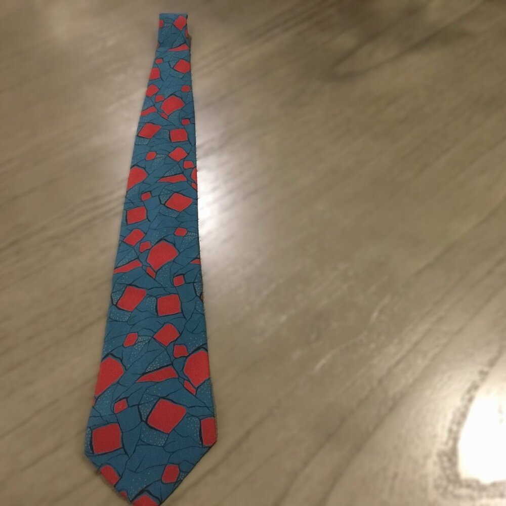 David Lawrence Silk Tie Abstract Red Teal Handmade Italy 54” x 3.5” – Retro,